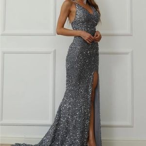 Missord Open Back Split Thigh Sequins Prom Dress Silver